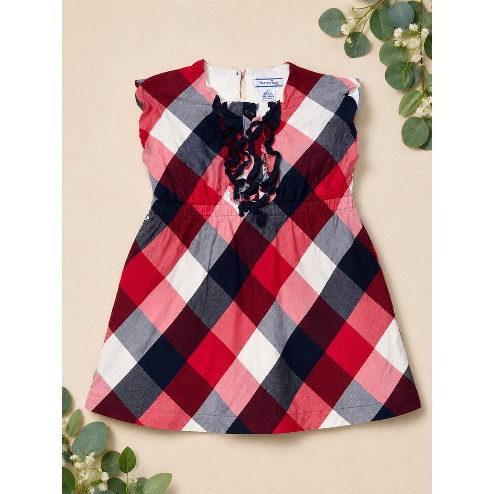 Hartstrings Dress Toddler Girls 2T Red Navy White Plaid Ruffle Sleeveless